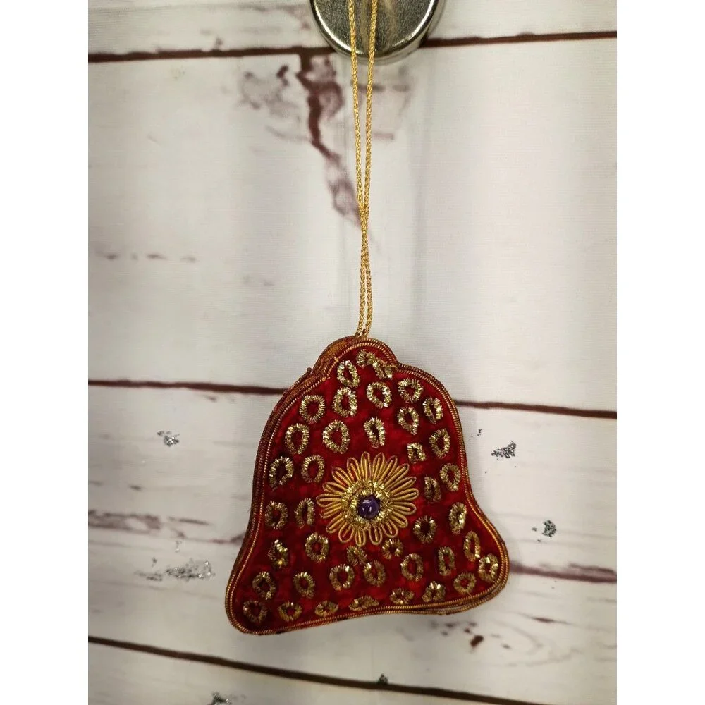 Red Velvet Bell Ornament With Gold Embroidery & Purple Gemstone Accent For Holid